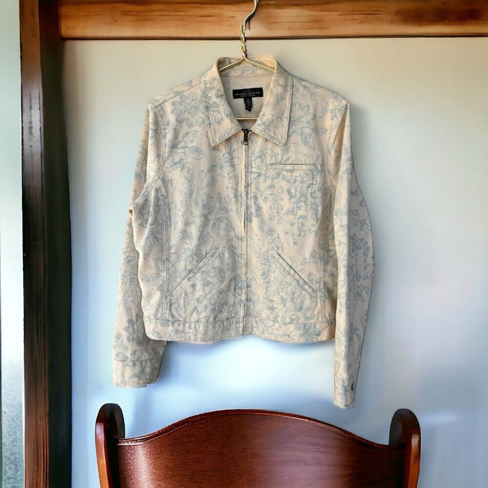 Lauren Ralph Lauren Womens Button Front Floral Jean Jacket White Blue White